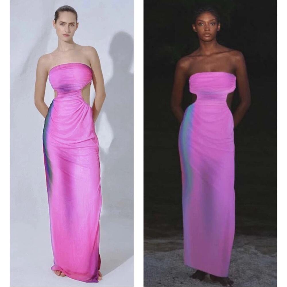 BAOBAB Lila Strapless Ruched Cutout Rainbow Pink Enchanted Maxi Dress Size M - Picture 2 of 8